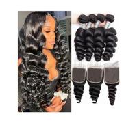 10-40 Inch Loose Wave Bundles with Closure Brazilian Human Hair Weave Natural Black Wave Curly Remy Hair Extensions with Lace Frontal(6" x 6",20 22 24with18)
