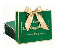 10-500 Pcs Custom Gift Bags with Ribbon Bow, Printed Logo & Text, Personalised 32x25x11cm & 28x20x10cm Recyable Bags for Business Bulk Retail Boutique Packaging & Holiday Anniversary Gifting (Green)