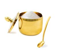 10.5oz Gold Stainless Steel Sugar Bowl with Lid and Spoon, Small Sugar Container for Coffee Bar, Drum Shape Sugar Cube Holder, Spice Jars for Countertop, Kitchen Ghee Container (1pcs)