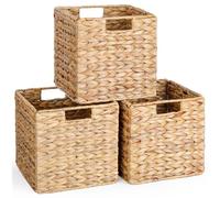 10.5x10.5 Water Hyacinth Storage Baskets, Wicker Baskets for Cube Storage, Collapsible Cube Storage Bins Wicker, Square Baskets for Cube Storage for Ikea Kallax, Basket Set of 3