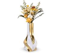 10.6" White and Gold Ceramic Vase, Modern Geometric Flower Vase for Dining Table Centerpiece, Elegant Decorative Vase for Pampas Grass, Living Room, Bedroom, Office, Tabletop Decoration