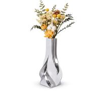 10.6" White and Silver Ceramic Vase, Modern Geometric Flower Vase for Dining Table Centerpiece, Elegant Decorative Vase for Pampas Grass, Living Room, Bedroom, Office, Tabletop Decoration
