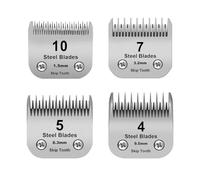 10+7+5+4 Skip tooth Detachable Pet Dog Grooming Steel Blades Set,Compatible with Andis,Oster A5,Wahl KM10 Series Clippers,Cut Length 1/16"(1.5mm) to 3/8”(9.5mm),4 Pack (10+7+5+4 Skip tooth Blade)