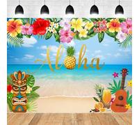 10×8ft Summer Aloha Luau Party Backdrop Hawaiian Beach Sky Ocean Tropical Flower Palm Leaves Photography Background Decorations Musical Party Banner Photo Shoot Props