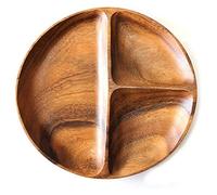 10" Acacia Premium Wooden 3-Compartment Divided Round Wood Plate Divided Dessert Dish Serving Trays Platters 3 Section