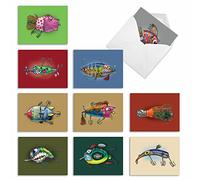 10 All-Occasion Note Cards with Envelopes 4 x 5.12 inch, Assorted 'Off the Hook' Blank Greeting Cards Featuring Cartoon Fishing Lures, Stationery for Father's Day, Birthdays, Thank Yous M6543OCB