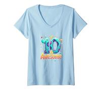 10 & Awesome: Cosmic Birthday Celebration for Kids V-Neck T-Shirt, Women, Baby Blue, L