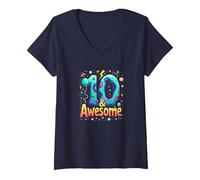10 & Awesome: Cosmic Birthday Celebration for Kids V-Neck T-Shirt, Women, Navy, XXL