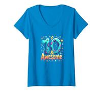 10 & Awesome: Cosmic Birthday Celebration for Kids V-Neck T-Shirt, Women, Sapphire, L