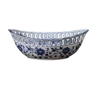 10'' Blue and White Porcelain Fruit Bowl, Hand Painted Floral Retro Hollow Ceramic Fruit Tray Plate Dish, Colander, Chinoiserie Oval Decorative Candy Serving Basket for Housewarming Gift, Mother's Day