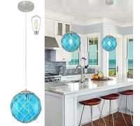 10" Blue Coastal Pendant Light Kitchen Island,Glass Globe Ocean Ceiling Light Fixture Beach House,Dimmable Hemp Rope Light Fixture Hanging For Bathroom Living Room Farmhouse Entry Bedroom(Bulb Incl.