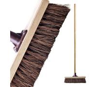 10” Broom Natural Stiff Bassine Bristle Outdoor Hard Bristle Sweeping Brush Long Wooden Handle with Durable Support Bracket Heavy Duty Sweeping Yard Brush for Potios, Deck & Graden (Pack of 1)