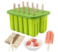 10 Cavity Silicone Ice Pop Mould with 50 Wooden Sticks, Ice Lolly Moulds | Green Silicone BPA-free popsicle mold with lid & wooden sticks, ideal summer kitchen tool for DIY frozen ice cream treats.