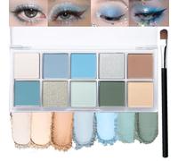 10-Color Eyeshadow Palette with Matte & Shimmer Shades - Highly Pigmented, Waterproof & Blendable Eye Shadow Makeup Set with Brush, Travel-Size Cool Blue Toned Cream Cosmetics