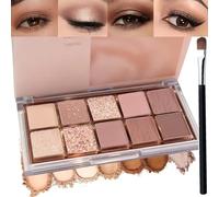 10-Color Korean Eyeshadow Palette in Earthy Brown Tones - Matte, Shimmer & Glitter Finishes - Long-Lasting Cool Toned Smokey Eye Makeup Set for Older Women, Beauty Cosmetics Kit with Brush (Style B)