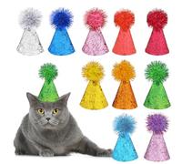 10 Colorful Mini Cat & Dog Birthday Hats, Cute Cone Party Hats with Pompons, Adjustable for Puppy, Kitten & Rabbit