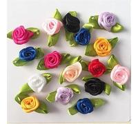 10 Colors Mini Ribbon Roses for Crafts, 100 Pcs Tiny Artificial Fabric Flowers with Leaves Small Rosettes Applique DIY Flower Satin Ribbon Roses for Sewing Bows Wedding Festival Decor