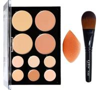 10 Colours Cream Foundation Concealer Highlighter Bronzer Face Contour Palette + LyDia® Black Foundation/Concealer/Contour Brush + Mini Beauty Sponge Blender