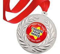 10 Create Your Own Personalised Customised Ribbon Medals Medallions Sports Day Reward Trophy 23mm Primary Teaching Services (Silver - Red)