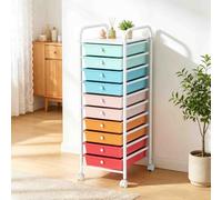 10 Drawer Storage Trolley, Slim Rolling Cart with Wheels & Brakes | 10 kg top, 3 kg per drawer, metal frame, waterproof PP, removable drawers, round knobs, side handles, silent castors