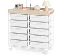 10 Drawers Rolling Cart with Wooden Tabletop, Utility Storage Cart with Wheels, Art Supply Craft Organizer on Wheel with Metal Frame & Handles for Home Office School (White)