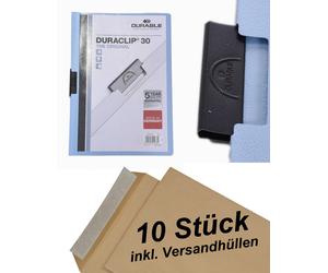 10 Durable Spring Binders Duraclip 30, Rigid Film, To 30 Sheets Blue+Envelopes