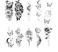 10 Fresh And Cute Black And White Water Transfer Temporary Tattoo Stickers Featuring Roses And Butterflies On Hands And Feet.