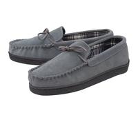 DUNLOP - Mens Real Suede Leather Faux Sheepskin Fur Plush Fleece Lined Moccasin Slippers - Memory Foam - Rubber Sole - House Bedroom Indoor (10 UK, Grey)