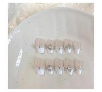 10 Hand Pressed Short Square Fake Nails Adorned With Nude Pearls And Diamonds Suitable For Women To Use Reusable(L)