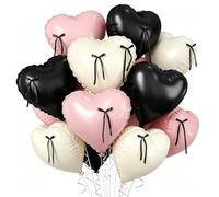 10 Heart Foil Balloons: Pink, Black, Cream. Wedding/Anniversary decor. | Heavy-duty 18" foil balloon kit: 3 Pink, 4 Black, 3 Cream, 10 bows, ribbons & glue dots. Ideal adult party decor.