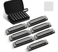 10 Hole Blues Harmonica Set Of 7 Tone With Case For Beginner Professional Adults(Black)