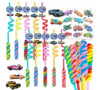 10 Hot Wheels Swirl Lollipop Crazy Straws Party Favors - Reusable Individually Wrapped Hot Wheels Twisty Rainbow Candy Pop Straws Bundle with Charms, Tattoos | Boys Kids Birthday Party Supplies