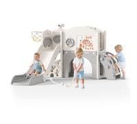 10 in 1 Kids Slide,170cm Extra-Long Slideway with Basketball Hoop, Magnetic Drawing Board & Climbing Ladder | BPA-Free HDPE Toddler Playground Equipment for Indoor/Outdoor (Beige)