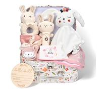 10 in 1 Newborn Baby Gifts Set, Baby Hamper Set for Boy & Girl, with Baby Blanket & Security Blanket & Ratle & Burp Cloth & Sock & Decision Coin & Greeting Card & Storage Box (Rabbit)