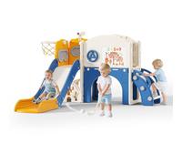 10-in-1 Toddler Slide, Indoor/Outdoor Kids Slide with Basketball Hoop, Golf Course, Telescope, and Storage, Freestanding Backyard Playground (Blue-orange)