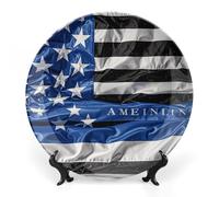 10 in Bone China Decorative Plates for Wall Hanging with Display Stand Chinese Porcelain American Thin Blue Line Flag Dessert Plate Display Dish Collections Ceramic Ornament Art Craft Home Office Dec