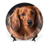 10 in Bone China Decorative Plates for Wall Hanging with Display Stand Chinese Porcelain Long Haired Dachshund Dessert Plate Display Dish Collections Ceramic Ornament Art Craft Home Office Decor