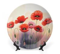 10 in Bone China Decorative Plates for Wall Hanging with Display Stand Chinese Porcelain Watercolor Red Poppy Flowers Dessert Plate Display Dish Collections Ceramic Ornament Art Craft Home Office Dec