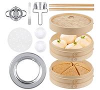 10 Inch 2 Tier Bamboo Steamer Basket Set Including Stainless Steel Steamer Ring Dumpling Maker Mold and Cutter Meat Spoon 2 Pairs Bamboo Chopsticks 2 Pcs Sauce Dish 50 Pcs Paper Liners for Kitchen