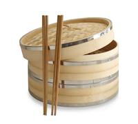 10 Inch (25.4cm) Premium Organic Bamboo Steamer by Harcas. Large 2-Tiers with Lid. Durable and Reinforced. Best for Dim Sum, Vegetables, Meat and Fish. Hand Made. Chopsticks and Steamer Paper Included
