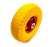10 Inch 3.00-4 Red Complete Wheel & Solid PU Tyre Yellow | Puncture Proof Flat Free, Offset 50mm Hub, 20mm Bore Bearings, Sack Truck Hand Cart Trolley