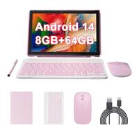 10 inch Android 14 Tablet with Keyboard, 2 in 1 Tablets Set Include Case Mouse Stylus, 8GB RAM+64GB ROM, Quad Core 10.1'' Tab, 6000mAh Battery, 8MP Dual Camera, Google GMS Certification Tableta