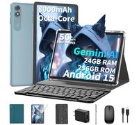 10 inch Android 15 Tablet, 2026 Tablet with Keyboard, 24GB+256GB+2TB Expand, Tablets PC with Gemini AI, 8000mAh Battery, 5G WiFi, Widevine L1, 2 in 1 Tablets with Case, Mouse, Stylus (Green Case)