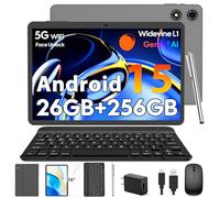 10 Inch Android 15 Tablet with Keyboard, 26GB RAM+256GB ROM(2TB Expand), 2-in-1 Tablet with 8000mAh Battery, 2.4G/5G WiFi, Widevine L1, Dual Camera, Split Screen, Mouse, Stylus, Case(Silver Case)
