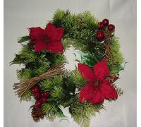 10" inch Artificial Red Poinsettia & Holly Christmas Wreath for indoors and outdoors