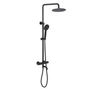10 Inch Black Rain Shower System Thermostatic Shower Faucet Set Complete Wall Mounted Shower Combo Set Brass Rain Mixer Shower with Rotatable Tub Spout, 3 Mode Handheld Shower, Shower Head
