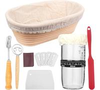 10 Inch Bread Proofing Basket Set, 24 oz Glass Sourdough Starter Jar Kit, 100% Natural Bread Banneton Proofing Basket with Dough Whisk, Linen Liner Cloth, Dough Scraper, Bread Lame, Blades