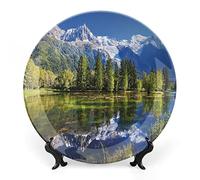 10 Inch Decorative Plate, Outdoor Porcelain Plate, Snowy Mountains Evergreen Spruce Reflected in Lake City Park France Print Ceramic Wall Hanging for Fine Dining, Dinner Parties, Weddings, Catering