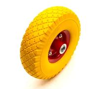 10 Inch Heavy Duty 3.00-4 Complete Wheel Solid PU Tyre Offset Hub 20mm Bore Bearings Yellow/Red 150kg Capacity Sack Truck Hand Cart Trolley