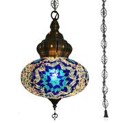 10 Inch Mosaic Globe Plug in Turkish Moroccan Ceiling Hanging Lamp Handmade Mosaic Pendant Light Fixture Lighting, 15ft Cord Chain & Plug, No Wiring (10 Colours),Blue